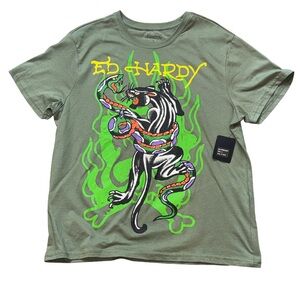 Ed Hardy Olive Green Panther & Snake Graphic Tee
